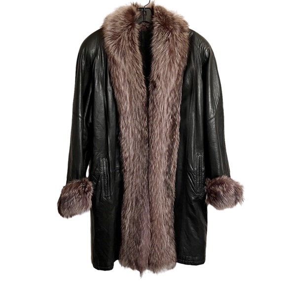 Black Leather and Fur trim Penny lane Almost Famous Mob Wife Coat Size Large - Picture 1 of 12